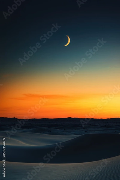 Obraz Sunset over desert landscape with crescent moon appearing in evening sky creating spiritual atmosphere for Ramadan celebration and Islamic cultural heritage concept. Muslim cultural symbolism concept.