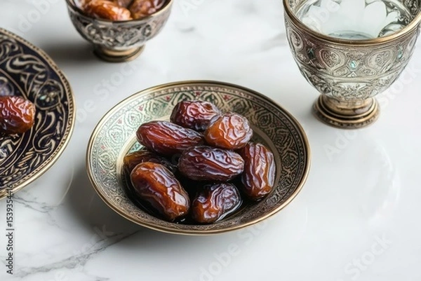 Obraz Ramadan Iftar meal with traditional dates, water, and colorful dishes showing Islamic cultural celebration and religious feast concept. Traditional Iftar breaking fast meal featuring dates.