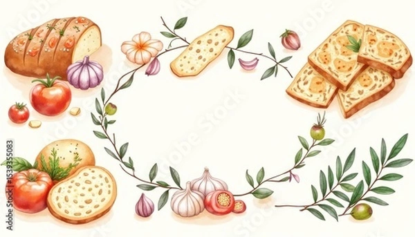 Fototapeta Hand-drawn illustration of various types of bread, tomatoes, and garlic, arranged in a circular frame.
