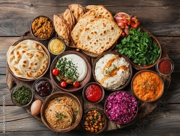 Obraz Traditional Jewish meal served with kosher dishes on a wooden table. Kosher dietary guidelines and food safety, perfect for cultural and religious observance concepts. Kosher Jewish cuisine.