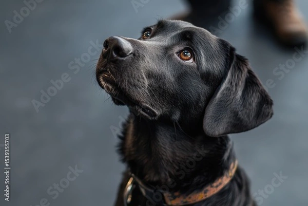 Obraz Well-trained golden Labrador retriever sits patiently waiting for trainer command during professional obedience class session, showcasing perfect focus and loyalty for pet education concept