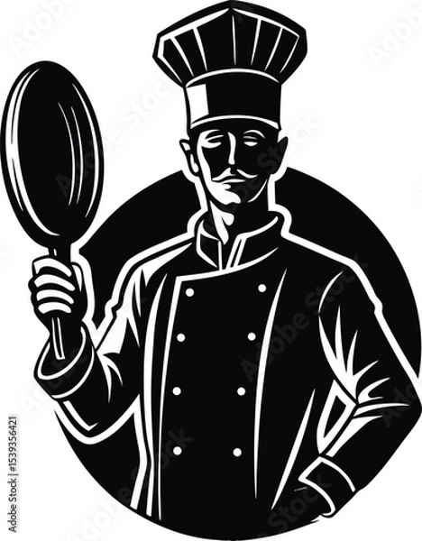 Obraz Vintage Black and White Chef Illustration Holding Frying Pan in Circle Badge