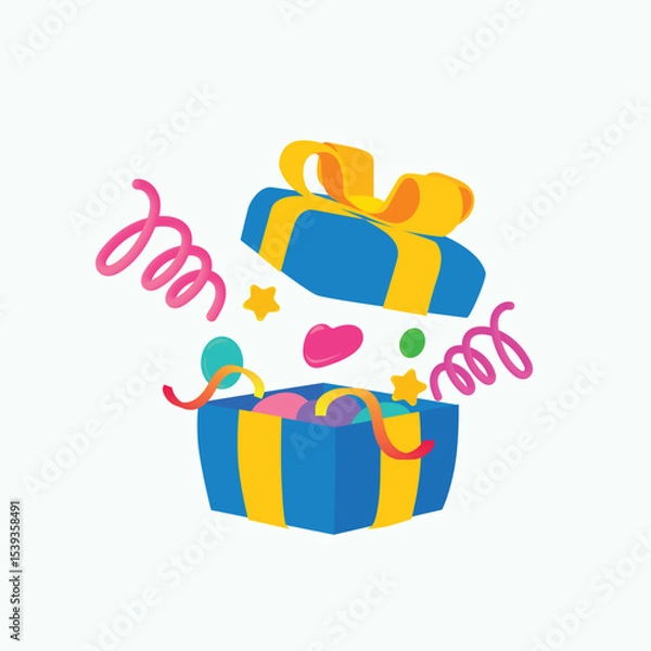 Fototapeta Vector illustration of a colorful gift box explosion in kawaii style, featuring candy, stars, hearts, and ribbons. Ideal for party invitations, birthday templates, and joyful festive designs.