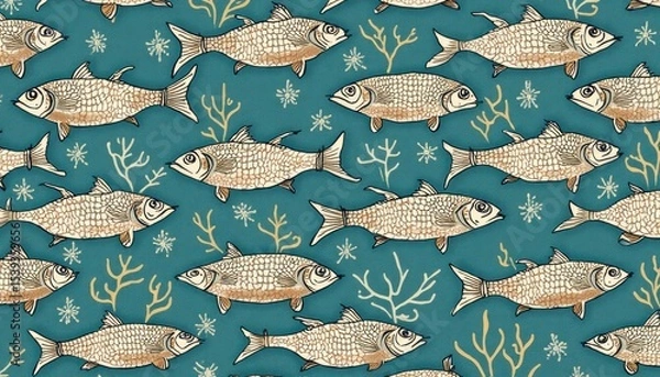 Fototapeta Decorative pattern of fish swimming in a teal aquatic scene.