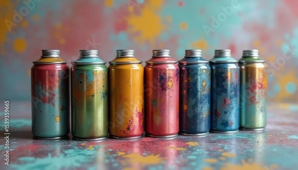 Fototapeta Colorful spray paint cans arranged in a row.