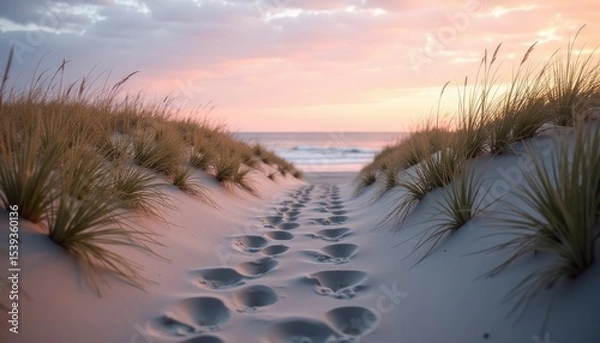 Fototapeta Footprints on a sandy beach path at sunset.