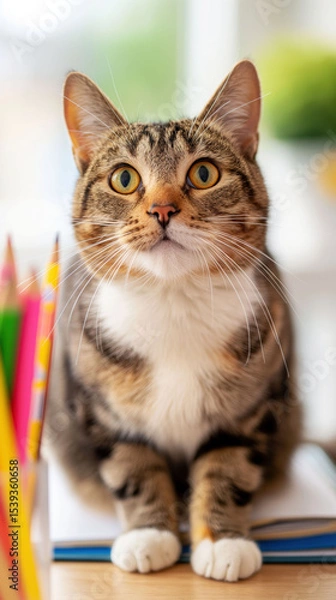 Fototapeta Curious Tabby Cat Explores Colorful School Supplies on a Desk in Soft Natural Light