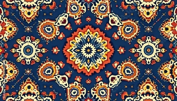 Fototapeta Intricate, symmetrical pattern with colorful, stylized floral motifs.