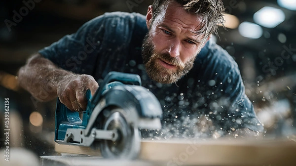 Fototapeta Woodworking action carpenter in workshop hand tools indoor environment close-up view craftsmanship concept