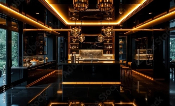 Fototapeta A symphony of black and gold in a sleek open-concept kitchen where the island a centerpiece of luxury and functionality beckoned with its gleaming surface and seating