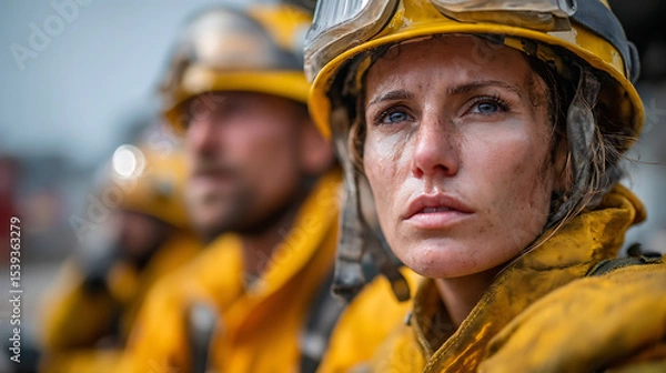 Fototapeta Brave firefighter action wildfire zone portrait intense environment close-up courage and dedication