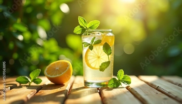 Fototapeta Refreshing Lemonade Glass with Mint and Ice on Sunny Wooden Table