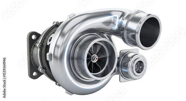 Fototapeta Shiny Chrome Turbocharger Isolated On Transparent Background With Detailed Mechanical Components