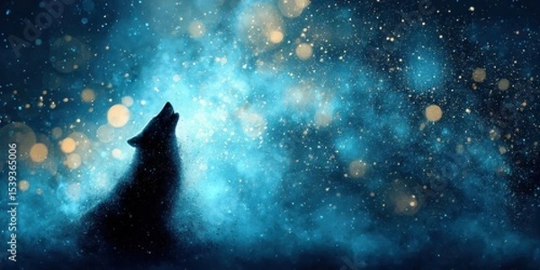 Fototapeta Optimistic Adventures Concept. Majestic silhouette of a howling wolf against an ethereal starry night background with shimmering bokeh lights