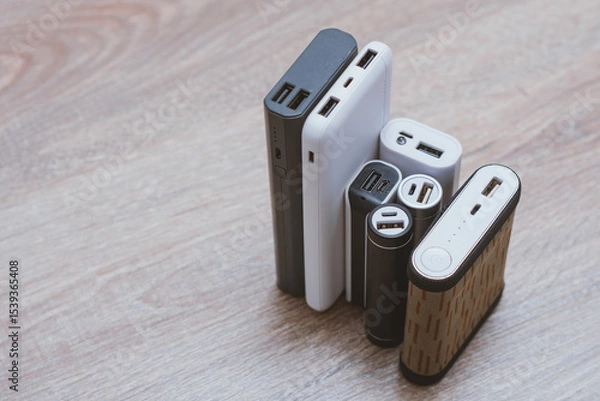 Obraz Assortment of portable power banks in various designs on a wooden surface. Portable chargers for gadgets.