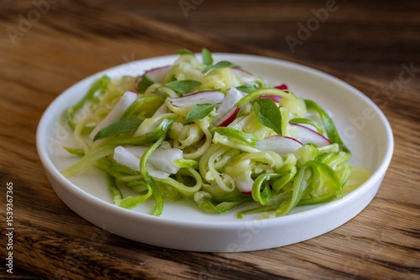 Fototapeta Vegetarian salad with fresh pickled zucchini in spaghetti shape and radish on white plate on wooden table, side view, close up
