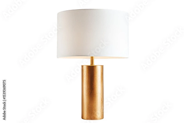 Fototapeta Elegant desk lamp with a tall cylindrical, golden base and a wide white lampshade isolated on a transparent background