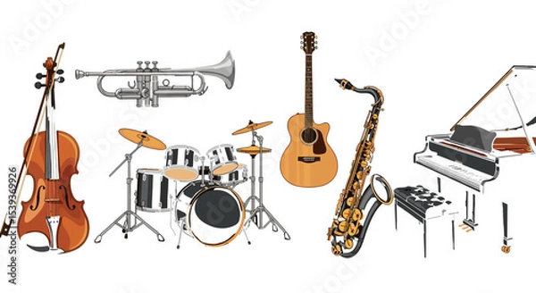 Obraz Illustration showcasing a variety of musical instruments including a cello, drums and a piano setup