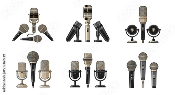 Obraz Illustration showcasing a variety of vintage and modern microphones arranged in distinct groupings