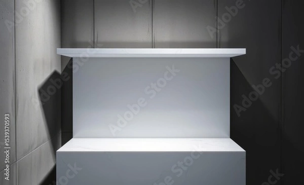 Fototapeta A stark white marble shelf its smooth surface beckoning for display stands against a textured concrete wall providing a neutral backdrop for product presentation