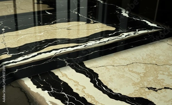Fototapeta A symphony of black marble where Portoro's polished elegance met the rustic warmth of travertino Natural granite veins danced across the floor adding depth and character while marbled details hinted a