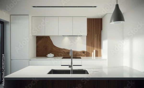 Fototapeta A minimalist modern kitchen where sleek white surfaces meet the warmth of natural textures A tree trunk section is artistically integrated into the wall behind the countertop adding a rustic touch to 