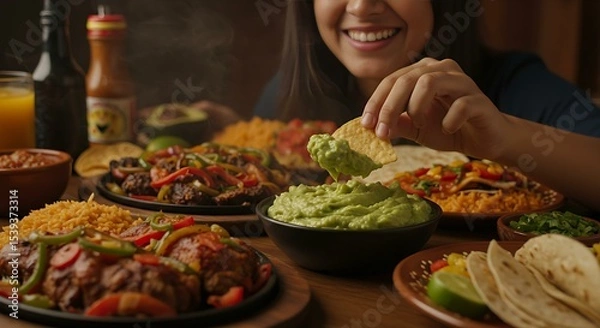 Fototapeta Person dipping a tortilla chip into guacamole