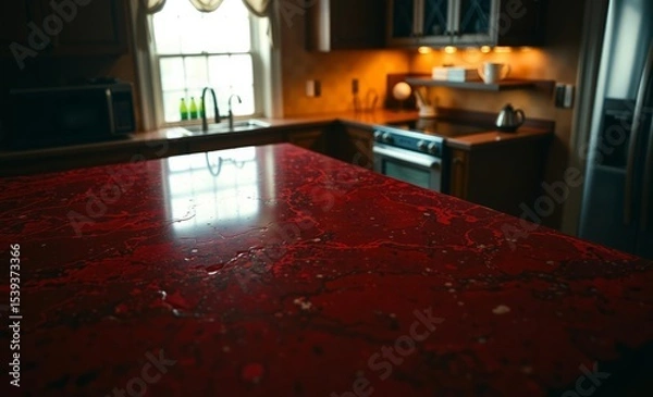 Fototapeta A vibrant red granite countertop its surface etched with veins of fiery passion stood ready to grace any kitchen with its bold presence