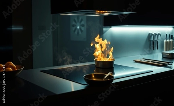 Fototapeta A sleek stainless steel worktop adorned with a modern induction hob where culinary dreams are transformed into sizzling masterpieces