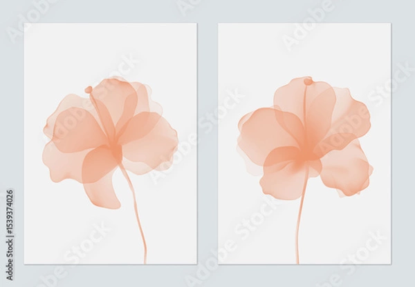 Obraz Floral wall art set, soft and translucent hibiscus flowers in shades of peach on a solid white background, creating a gentle and airy feel