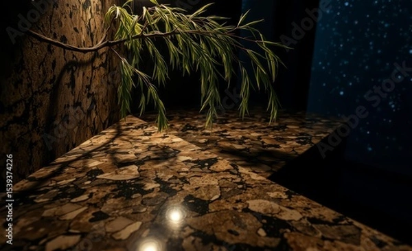 Fototapeta A rustic star-studded granite countertop etched with the intricate patterns of the night sky cradled a weeping willow branch its branches reaching towards the ethereal glow a symphony of nature and st