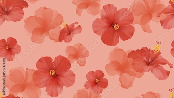 Obraz Floral seamless pattern features large, vibrant red hibiscus flowers interspersed with translucent red hibiscus flowers on a soft red background