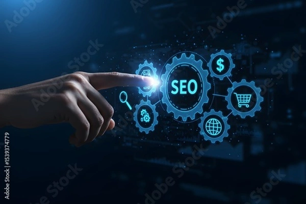 Fototapeta Digital Internet marketing concept on virtual screen. SEO - Search engine optimisation. Generated AI