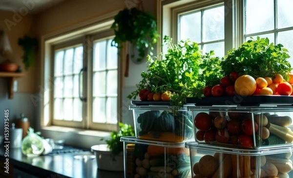 Fototapeta A culinary haven unfolds in a sunlit kitchen its windows framing a vibrant display of fresh ingredients: vibrant herbs and plump vegetables nestled within airtight storage containers ready to be trans