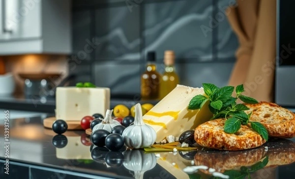 Fototapeta A culinary canvas of vibrant flavors: cheese basil garlic olives olive oil and bread harmoniously arranged on a sleek glossy kitchen backsplash evoking the essence of Mediterranean cuisine in a visual