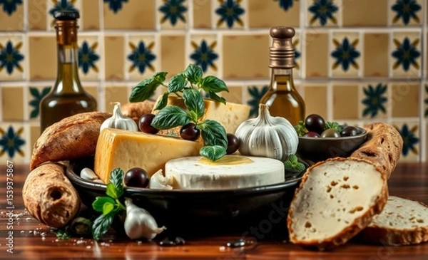 Fototapeta A symphony of culinary delights featuring a medley of cheeses basil garlic olives fragrant olive oil and crusty bread artfully arranged on a vibrant tile backsplash evoking a sense of Italian warmth a