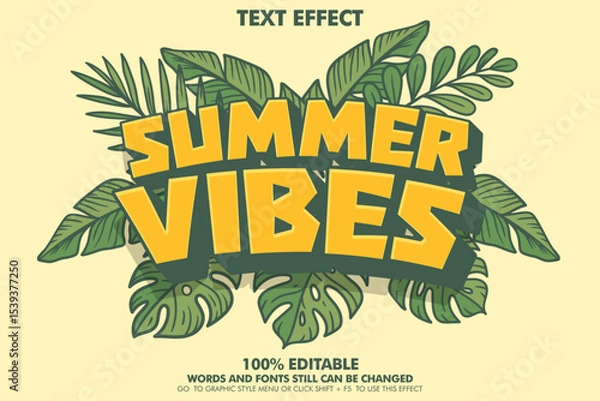 Fototapeta Pop art style text effect of Summer VIbes with tropical  leafs around.  Cartoon typography template design