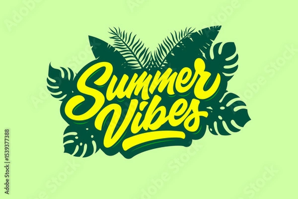 Fototapeta Summer vibes sticker. Lettering design of Summer Vibes with tropical leaf
