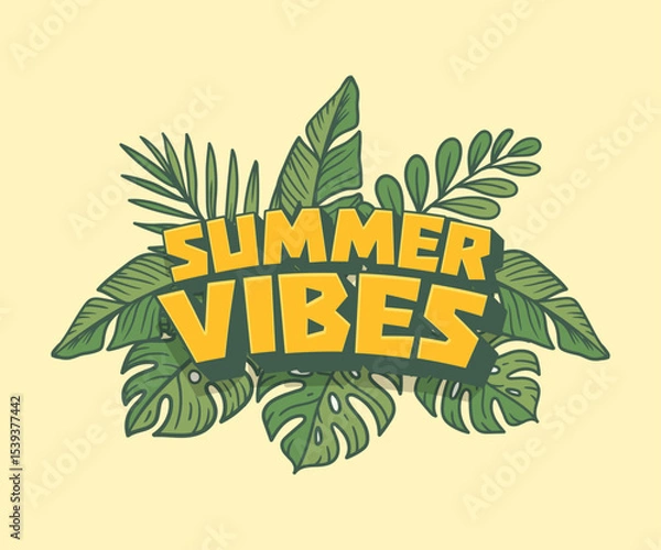 Fototapeta Summer vibes lettering with retro cartoon styledecorated with tropical leaf around