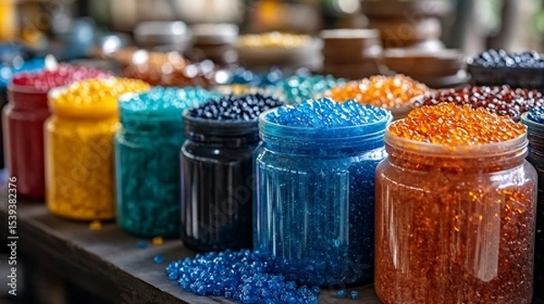 Fototapeta Colorful Glass Beads in Jars Displayed in an Organized and Eye-Catching Manner