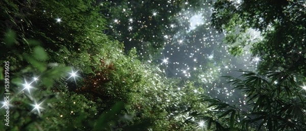 Fototapeta Enchanting Forest  Magical Sunlight  Lush Greenery  Sparkling Dust  Mystical Atmosphere