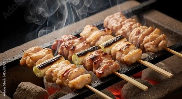 Obraz 備長炭で焼き鳥を焼いている写真
