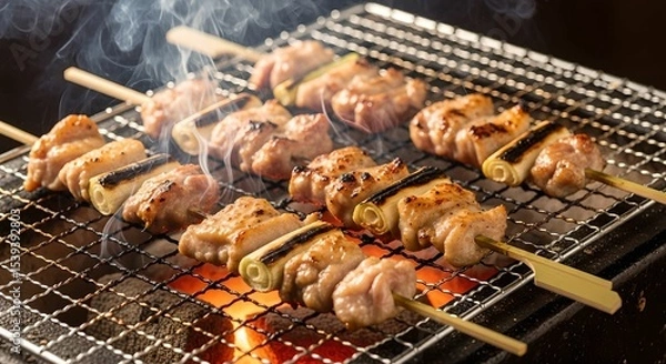 Obraz 備長炭で焼き鳥を焼いている写真