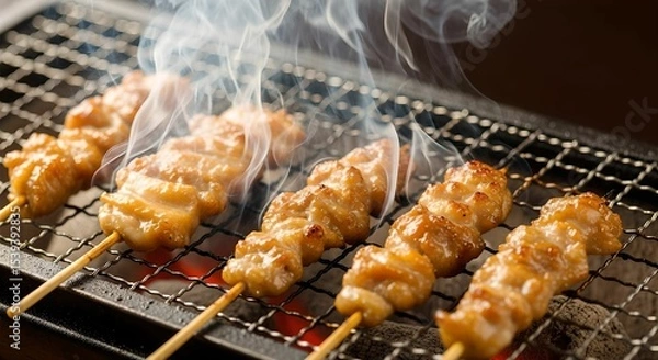 Obraz 備長炭で焼き鳥を焼いている写真