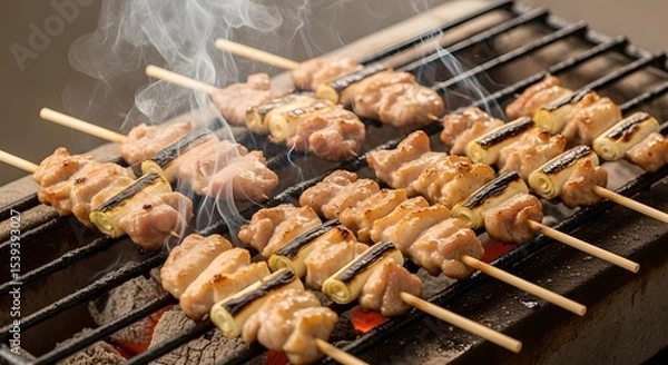 Obraz 備長炭で焼き鳥を焼いている写真