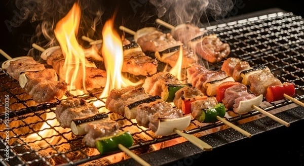 Obraz 備長炭で焼き鳥を焼いている写真