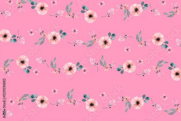 Fototapeta Delicate Floral Pink Pattern: An array of small, exquisite floral and leaf elements arranged beautifully on pink backdrop, best for feminine designs and backgrounds.