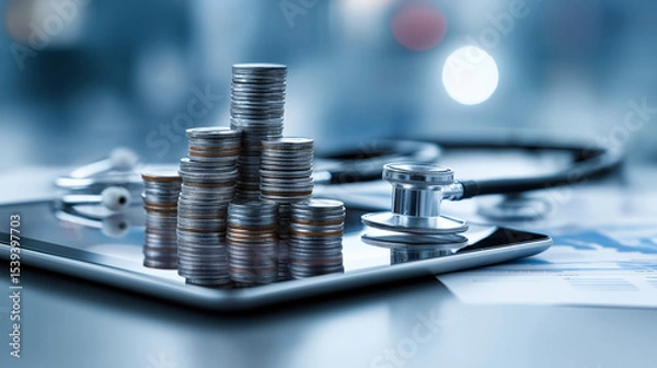 Fototapeta Stacks of coins on digital tablet with stethoscope symbolize intersection of healthcare and technology investment, highlighting financial growth and innovation in medical field