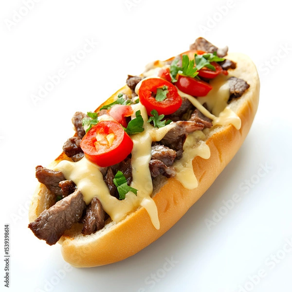 Obraz Delicious cheesesteak sandwich, loaded with melted cheese and juicy beef, isolated on white background.