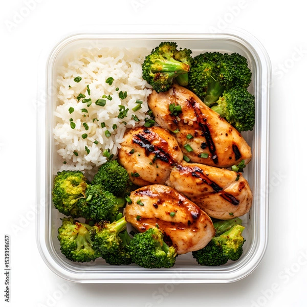 Obraz Delicious grilled chicken meal with steamed broccoli and fragrant rice, isolated on white background.